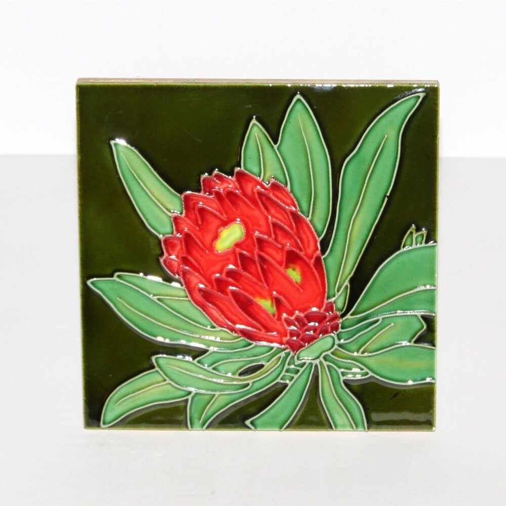 Decorative Tile Protea Plant flower red green ceramic relief 6” x 6”